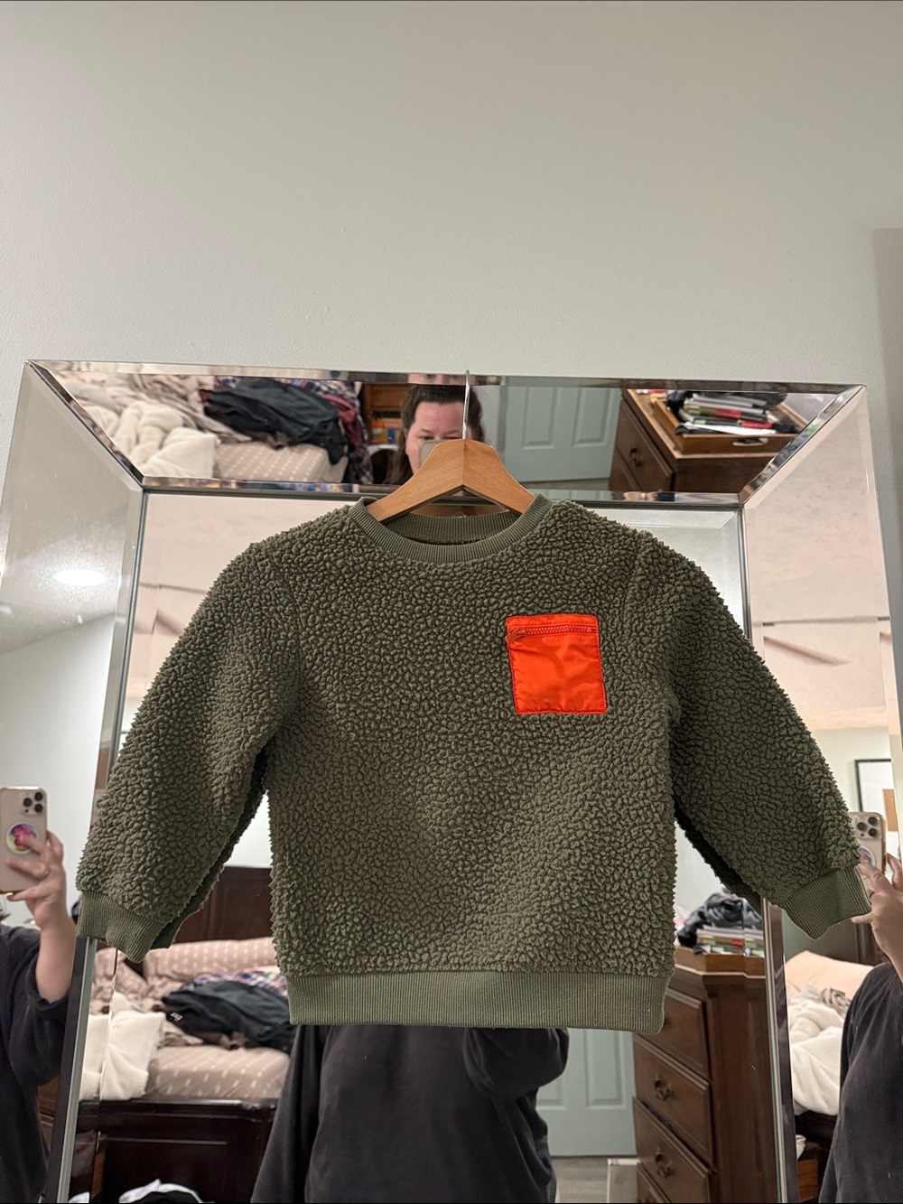 Old Navy - Olive Green Sherpa Crewneck Sweater with Orange Pocket